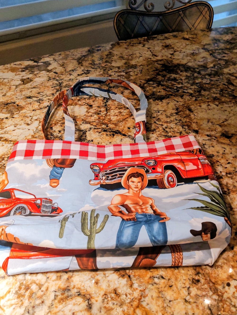 Novelty Red & Light Blue Western Print Tote Bag